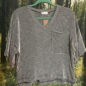 Black and White Striped V-Neck Top
